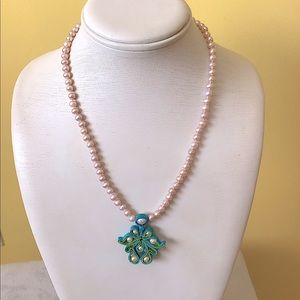 NWOT Genuine pink Pearl and silk wrap necklace with sterling silver clasp